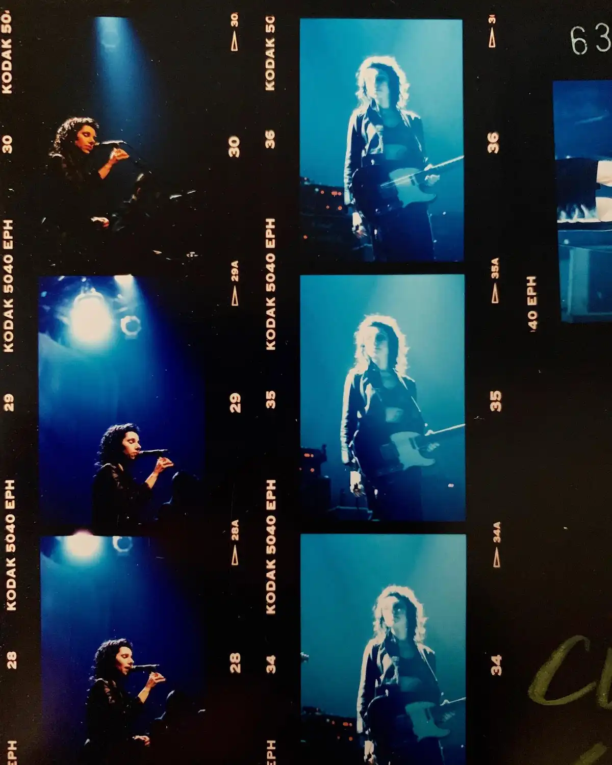 A film strip showing a musician performing on stage, alternating between singing into a microphone and playing a bass guitar…