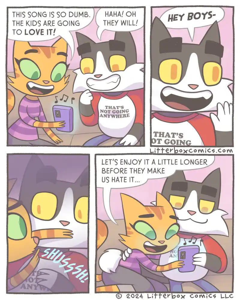 A four-panel comic strip featuring two anthropomorphic cats. In the first panel, an orange cat enthusiastically plays a song…
