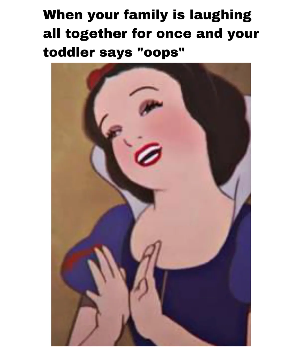 The image shows a close-up of the animated character Snow White, who is smiling broadly with her eyes half-closed and hands…