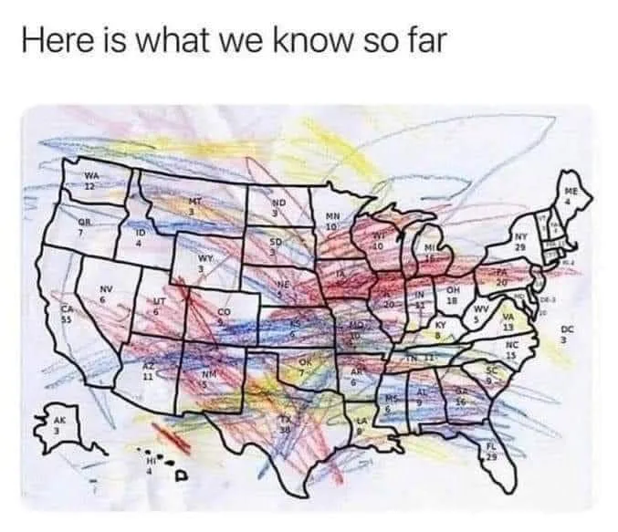 A hand-drawn, childlike map of the United States with each state outlined and labeled with a two-letter abbreviation and a…