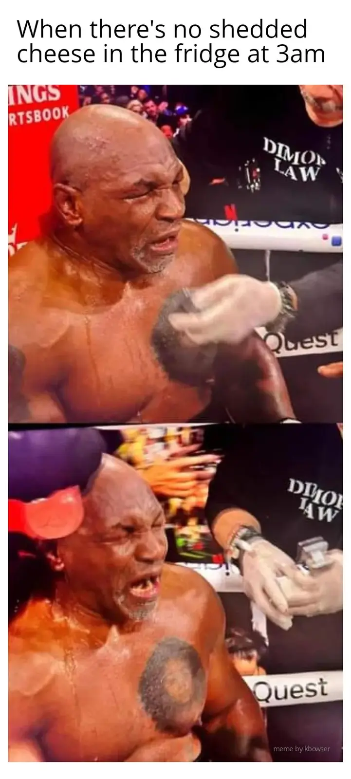 A two-panel meme featuring Mike Tyson in a boxing ring. In the top panel, he grimaces as a gloved hand applies something to…