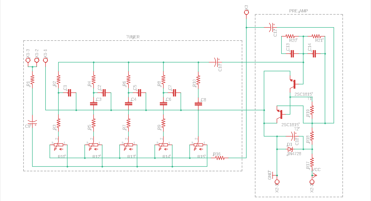 A schematic diagram of an electronic circuit labeled 'TUNER' on the left and 'PRE_AMP' on the right, showing resistors…