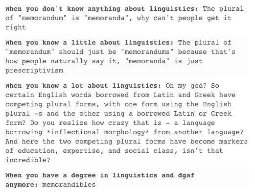 A text-based meme with four progressively more complex and sarcastic explanations about the plural of 'memorandum'…