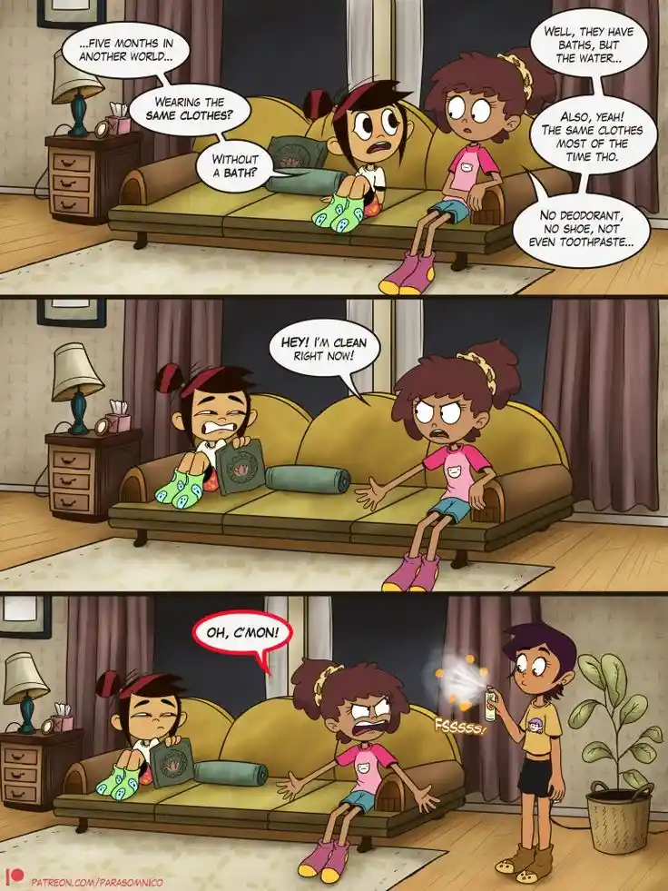 A three-panel comic strip featuring two girls on a couch discussing their hygiene struggles after five months in another…