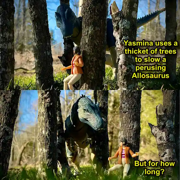 Two photos show a toy figure of Yasmina hiding behind trees in a forest while a toy Allosaurus approaches. The top image has…