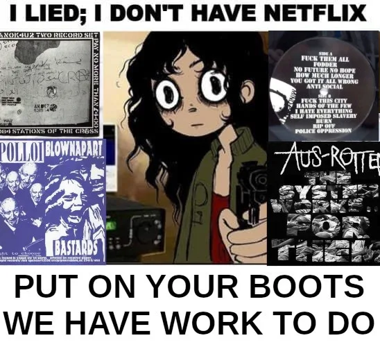 A collage of six images including a handwritten note, a cartoon girl holding a gun, and four album covers with aggressive…