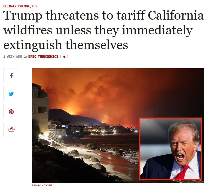 A screenshot of a news article with a headline about Trump threatening to tariff California wildfires unless they extinguish…