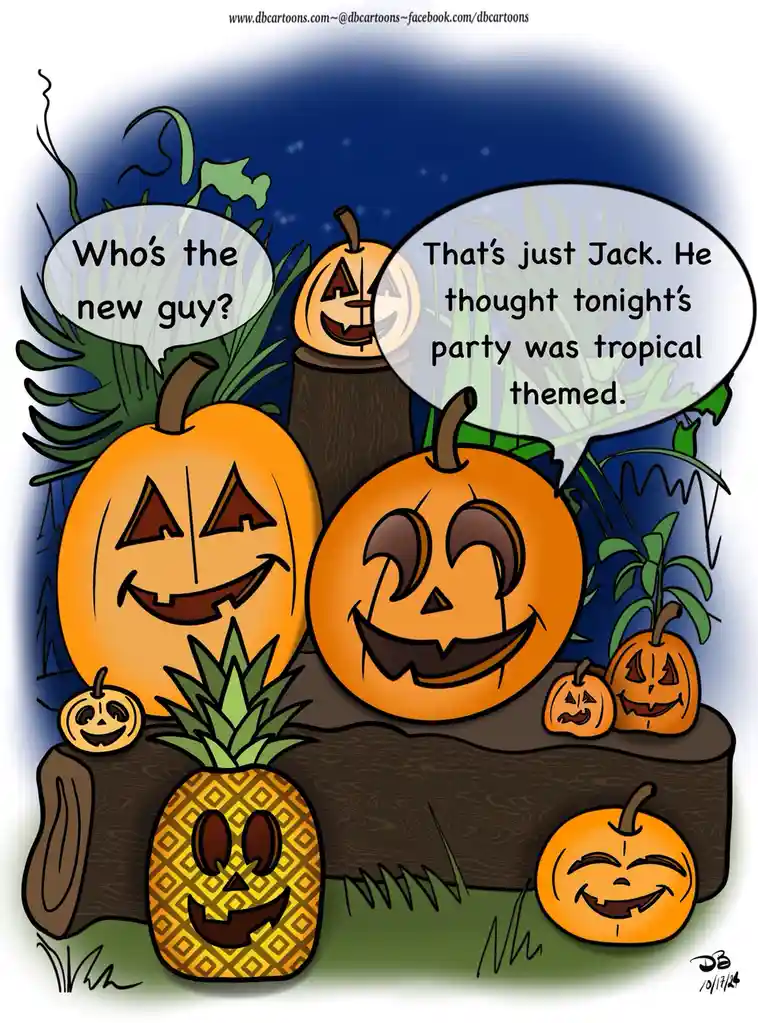 A cartoon Halloween scene with several carved pumpkins and one carved pineapple sitting on logs under a starry night sky…