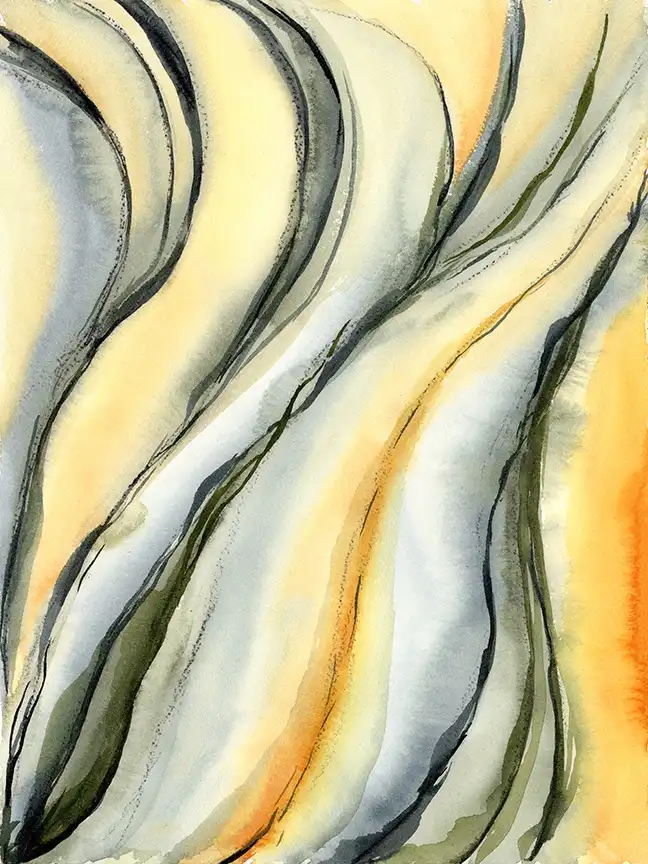 The image is an abstract watercolor painting featuring flowing, wavy lines in shades of yellow, gray, and black, resembling…