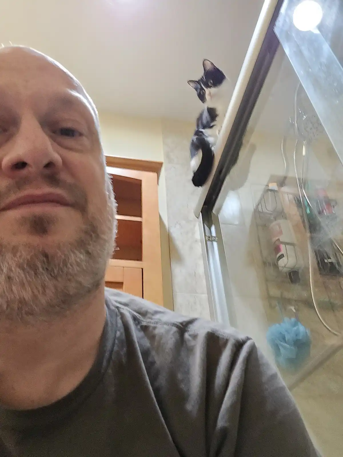 A man with a gray beard takes a selfie in a bathroom, looking at the camera with a neutral expression. Behind him, a…
