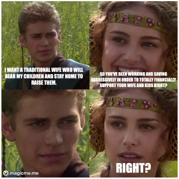 A four-panel meme featuring a young man and a woman from a TV show. The man says he wants a traditional wife to bear and…