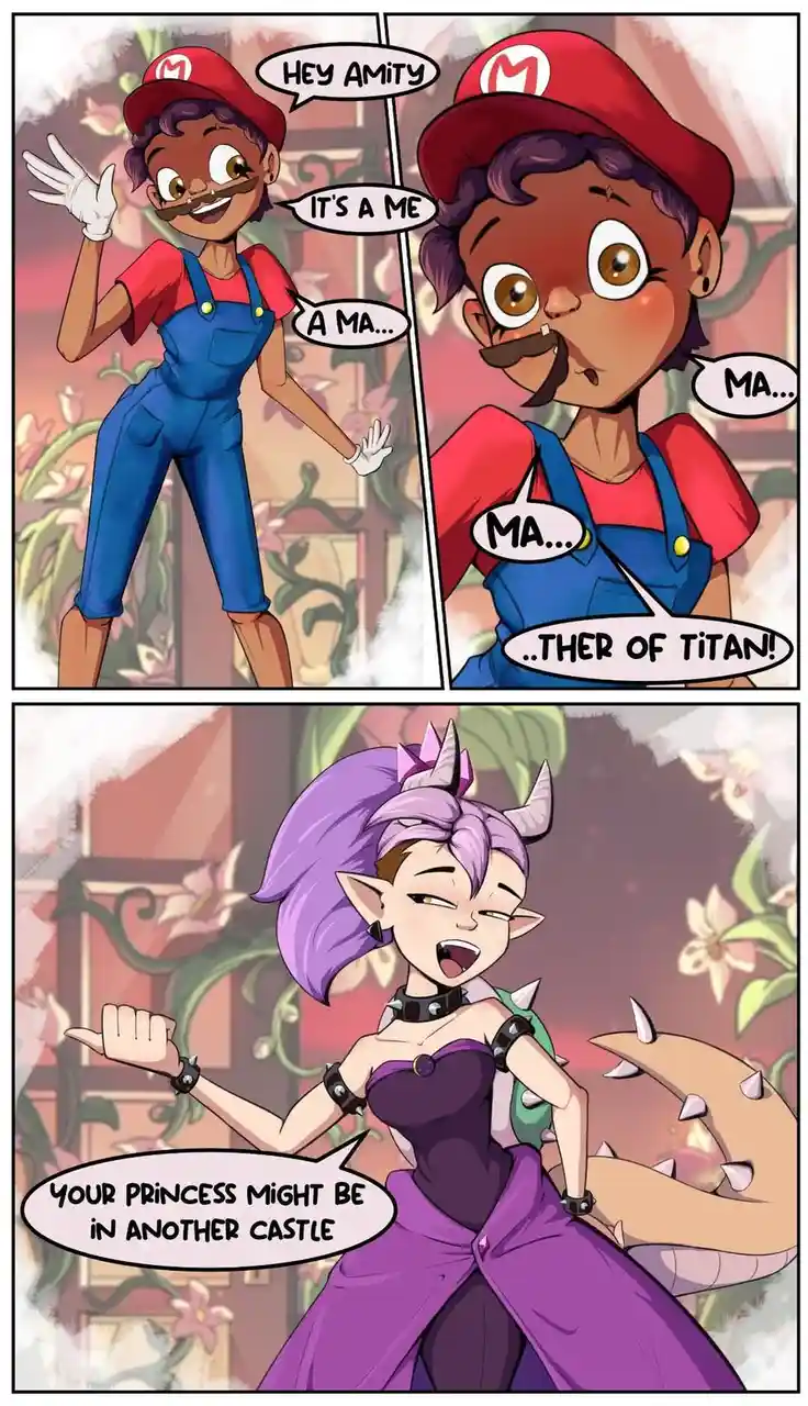 A three-panel comic shows a dark-skinned Mario character with a mustache greeting someone named Amity, then dramatically…