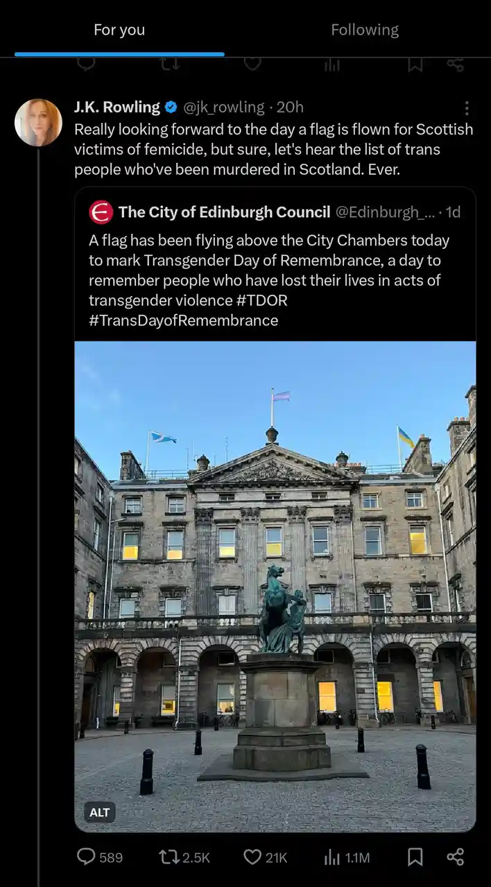 A screenshot of a Twitter thread shows J.K. Rowling's tweet criticizing the City of Edinburgh Council for flying a flag to…