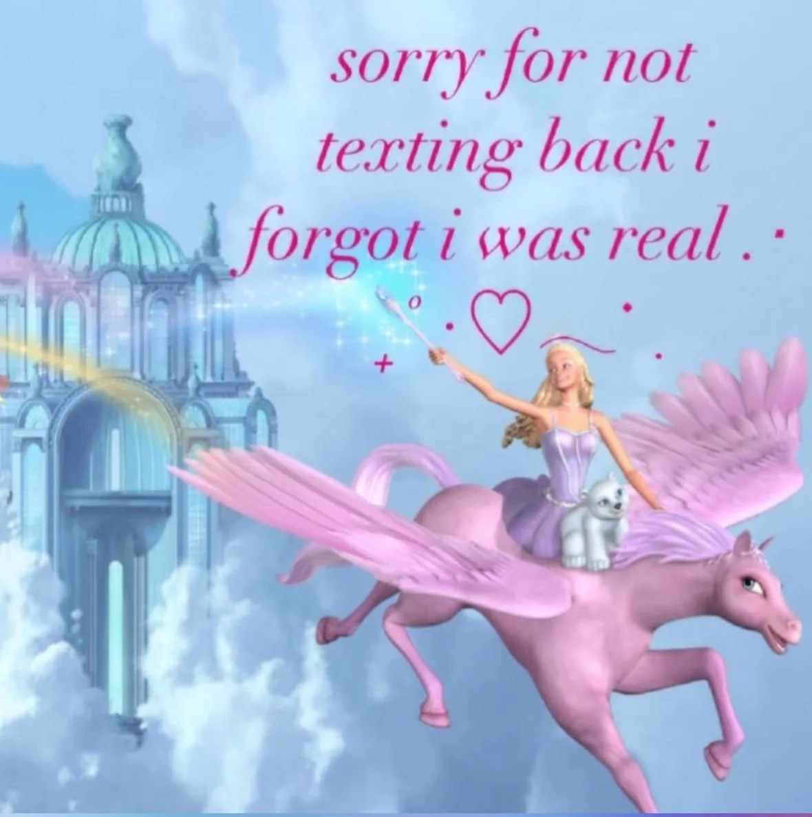 A cartoon image shows a blonde girl in a purple dress riding a pink winged horse through clouds, holding a wand, with a…