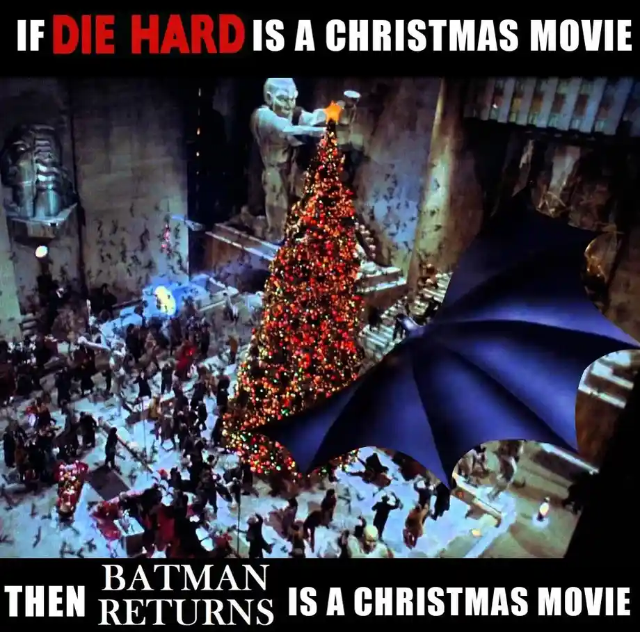 The image shows a scene from the movie 'Die Hard' with a large, decorated Christmas tree in the center of a snowy, chaotic…