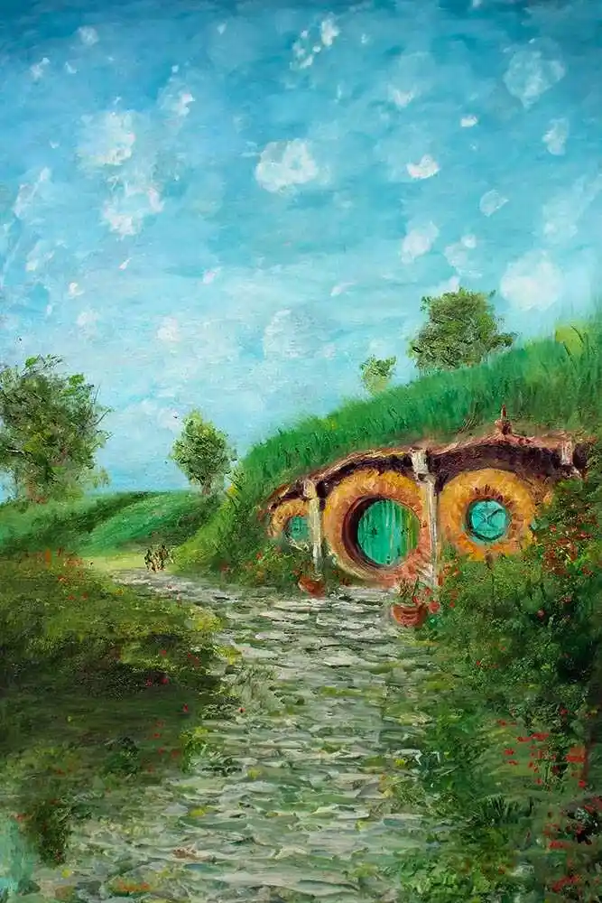A painting depicts a serene, grassy hillside with a stone path leading to a hobbit hole featuring three round doors with…