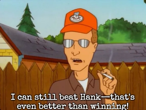 A cartoon man wearing an orange cap with a pumpkin logo and sunglasses smokes a cigarette while standing in front of a…