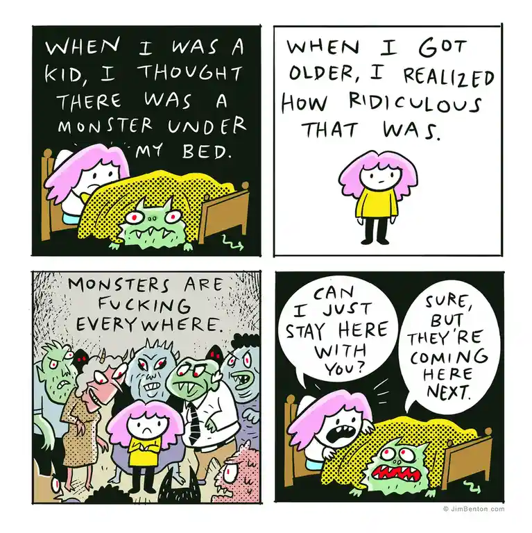 A four-panel comic strip shows a child with pink hair imagining a monster under her bed, then realizing monsters are…