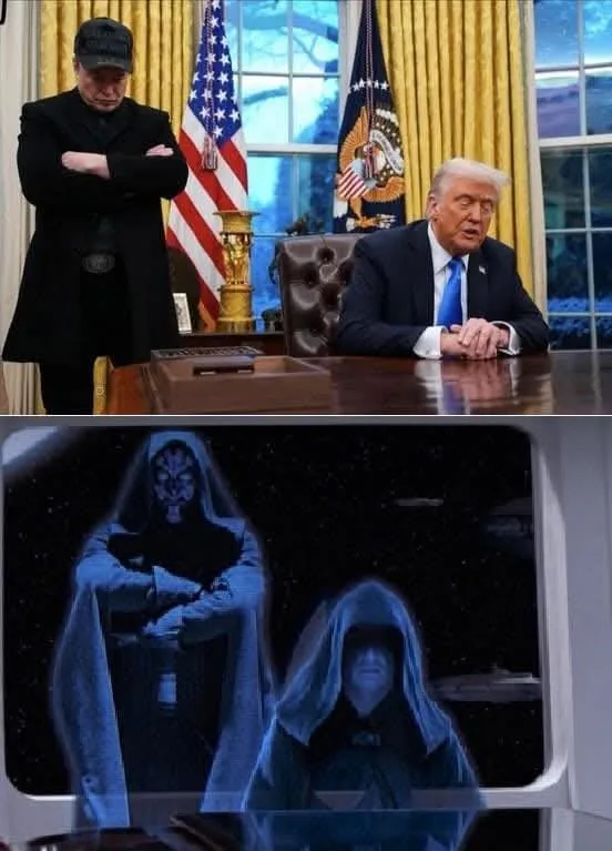 The top panel shows Donald Trump seated at a desk in the Oval Office, with a man in a black coat and cap standing beside him…