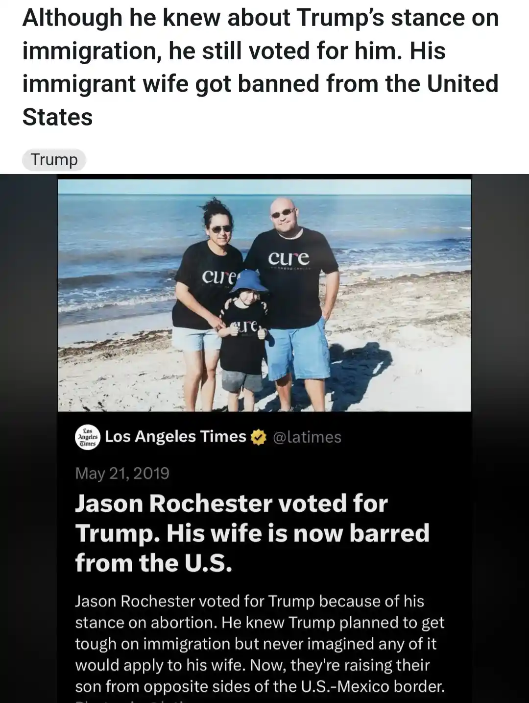 A family photo of a man, woman, and child on a beach, all wearing black t-shirts with 'cure' printed on them. The overlaid…