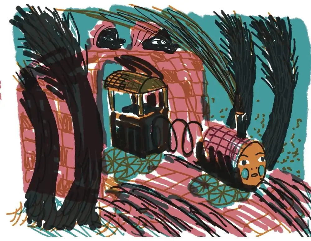 A hand-drawn cartoon depicts a small train with a human-like face on its front, looking surprised or scared as it travels on…