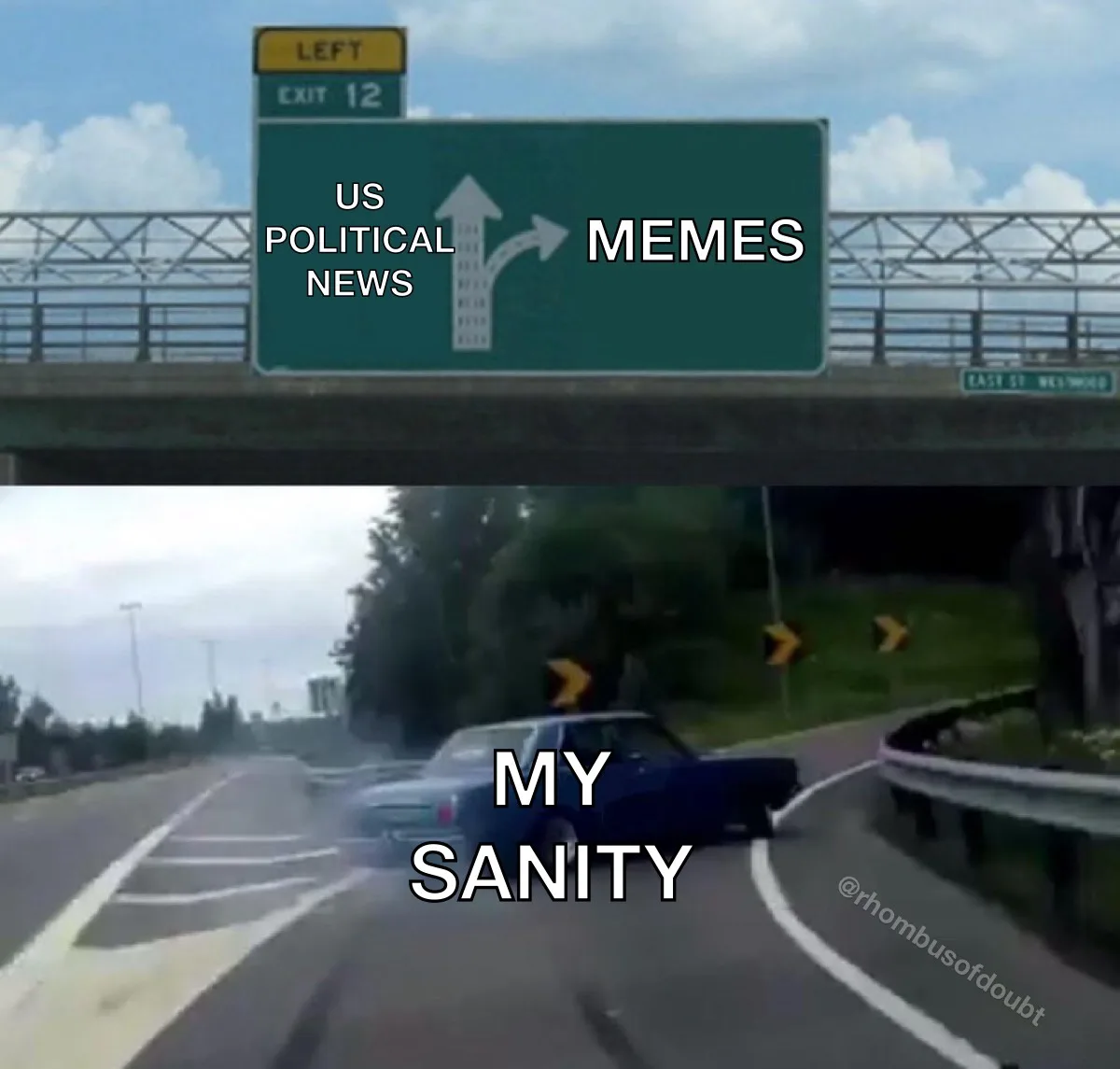 A highway sign shows 'US POLITICAL NEWS' going straight and 'MEMES' going right, with 'MY SANITY' overlaid on a car driving…