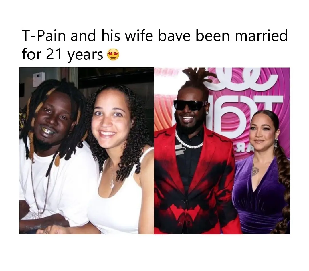 The image displays two side-by-side photos of T-Pain and his wife. The left photo shows them in casual attire, smiling and…