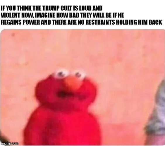 A blurry image of the red Muppet character Elmo with a shocked expression, overlaid with bold white text warning about the…