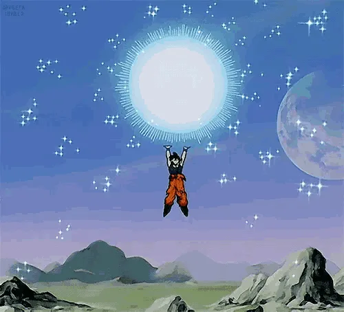 a six-panel animation from Dragon Ball Z shows the character Goku floating in a starry sky with a large glowing sun and a…