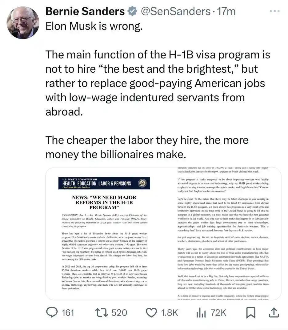 A screenshot of a tweet from Bernie Sanders' official account, which includes a statement criticizing Elon Musk's views on…