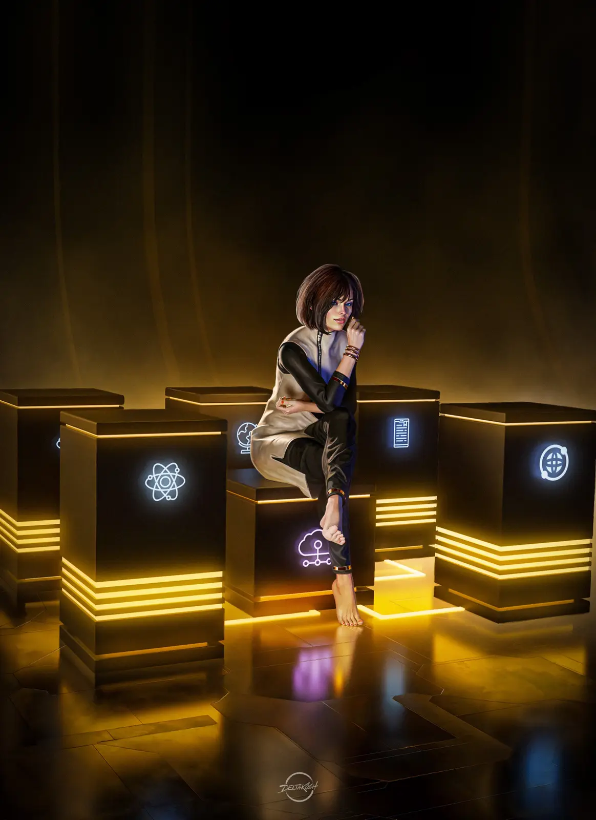 A woman with short brown hair sits barefoot on a glowing black pedestal in a dimly lit, futuristic room. Surrounding her are…