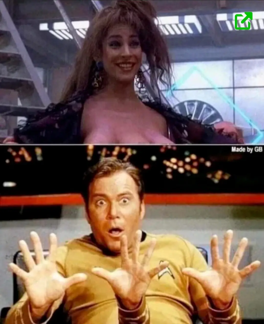 The image is a two-panel meme. The top panel shows a woman with long brown hair, wearing a revealing black outfit, smiling…