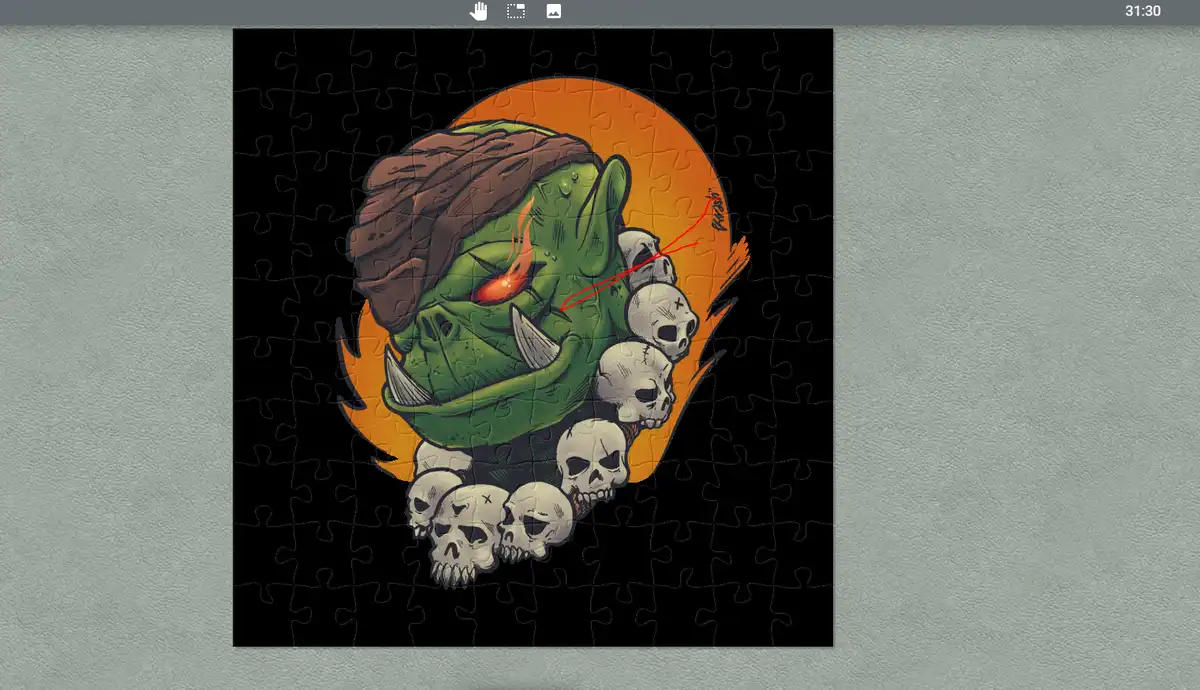 A digital image of a completed jigsaw puzzle featuring a green orc-like creature with a fiery eye, brown hair, and tusks…