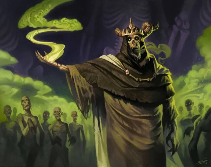 A skeletal figure wearing a crown and dark robe stands before a crowd of other skeletons, emitting green smoke from its…