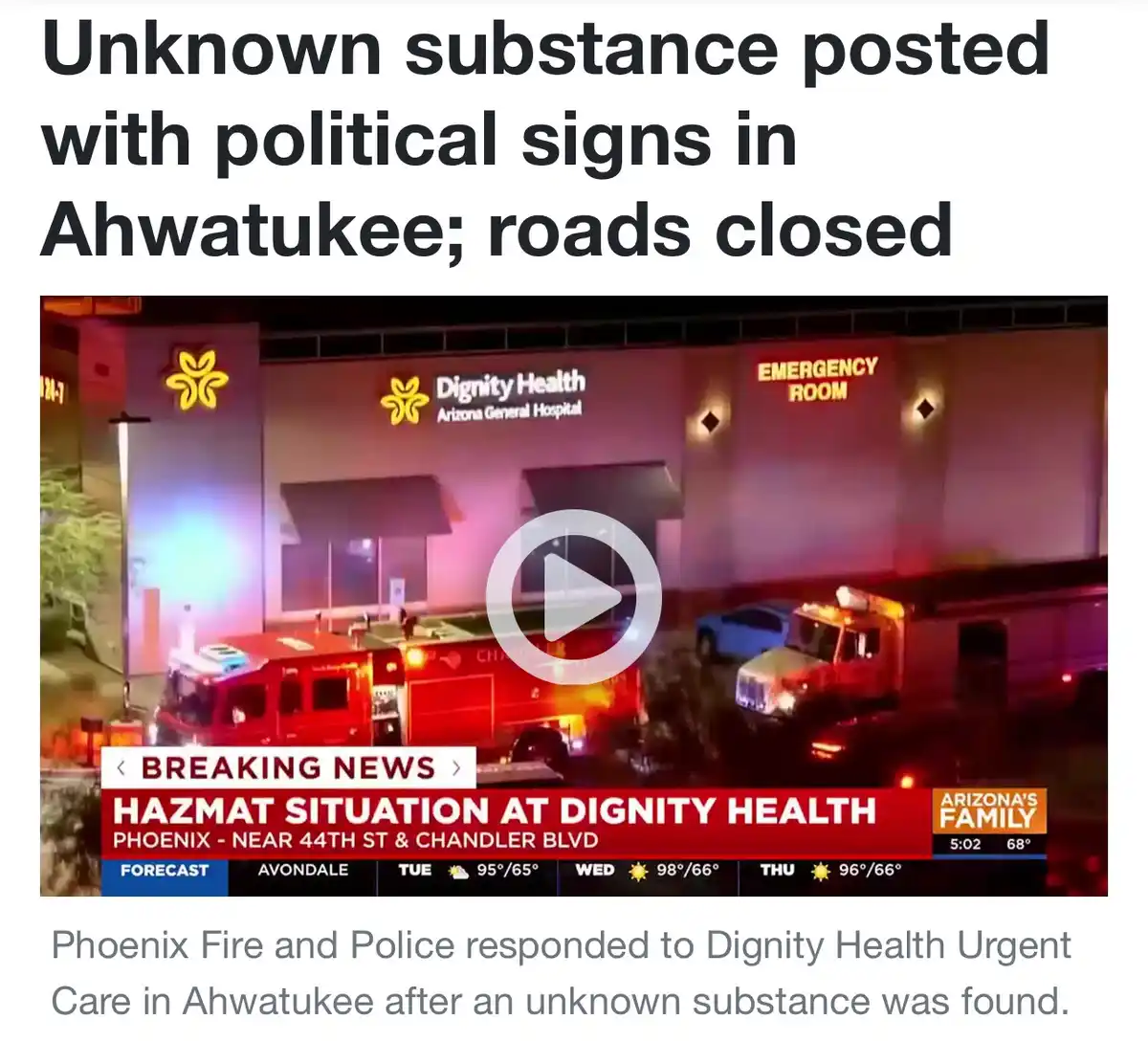 A screenshot of a news report shows the exterior of Dignity Health Arizona General Hospital at night, with emergency…