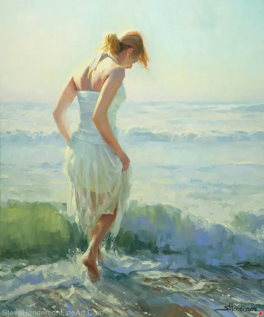 A painting of a woman in a white dress standing at the ocean's edge, looking down with her back partially turned. The…