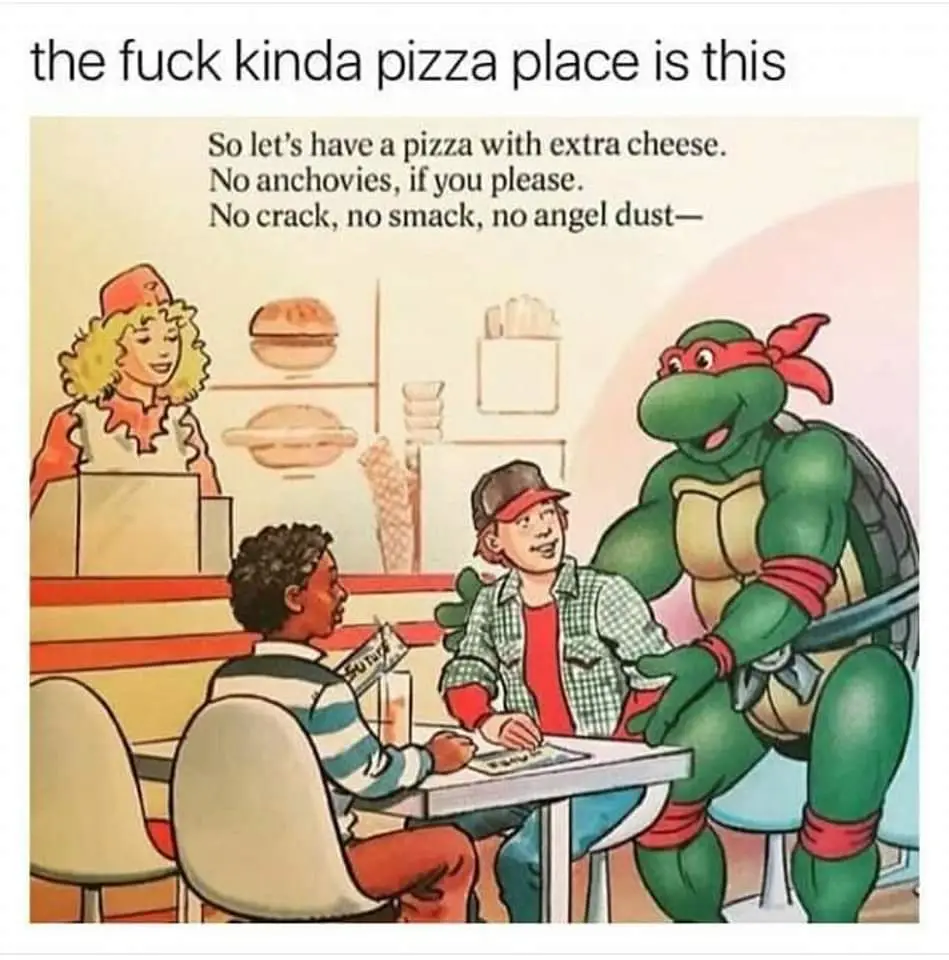 A cartoon depicts a pizza restaurant scene where a teenage boy and a large green turtle with a red bandana are seated at a…