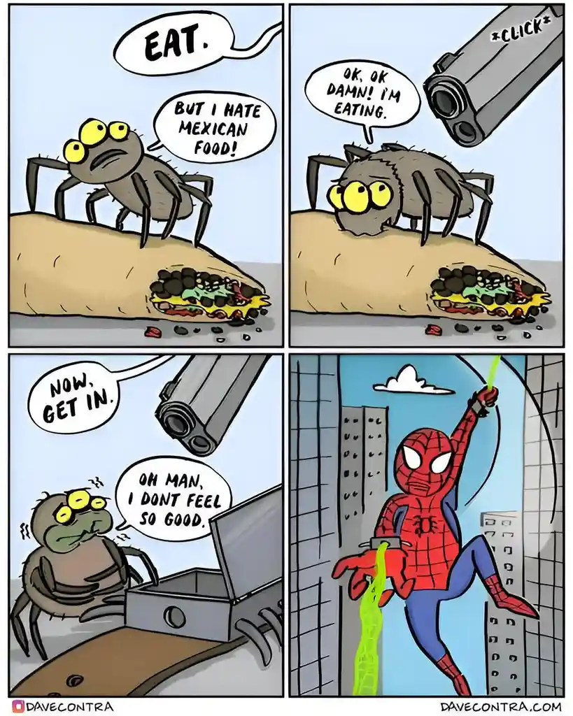 A four-panel comic shows a spider refusing to eat a taco, then reluctantly eating it after being threatened with a camera…