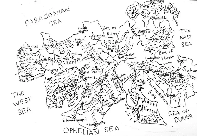 A hand-drawn black-and-white fantasy map labeled with fictional geographical features like seas, mountains, valleys, and…