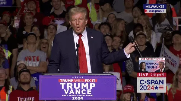A composite image shows Donald Trump speaking at a rally with a purple podium that reads 'TRUMP WILL FIX IT TRUMP VANCE…