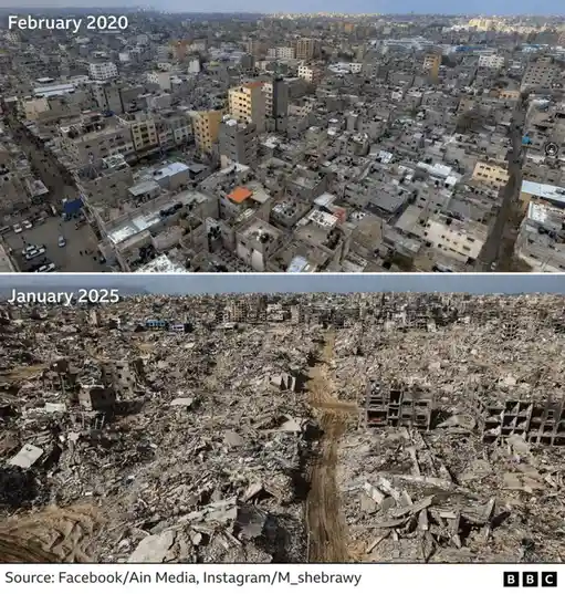 The image displays two aerial photographs of a densely built urban area. The top photo, labeled 'February 2020', shows…