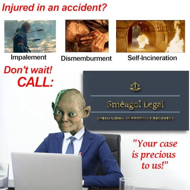 The image shows a meme featuring Gollum (Sméagol) in a business suit sitting at a desk with a laptop, in front of a sign…
