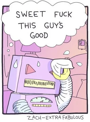 A cartoon purple robot with a yellow head and white arms is sitting on a pink couch, sweating profusely, with a thought…