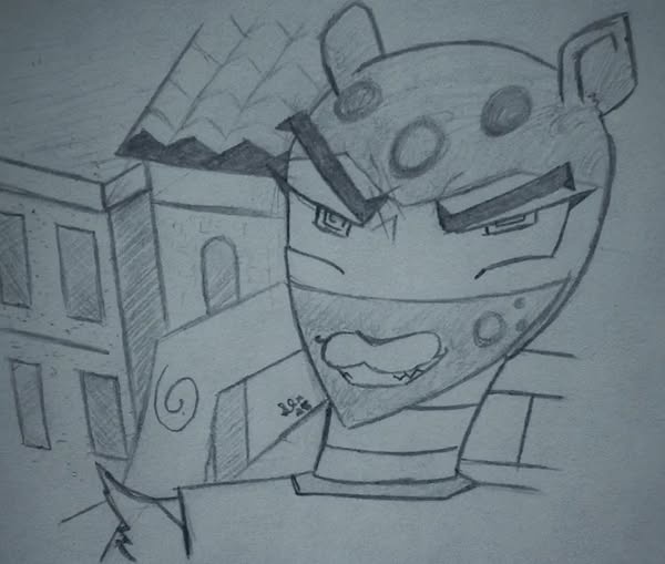 A hand-drawn pencil sketch shows a cartoonish, angry-looking character with a helmet, frowning and glaring. Behind him are…