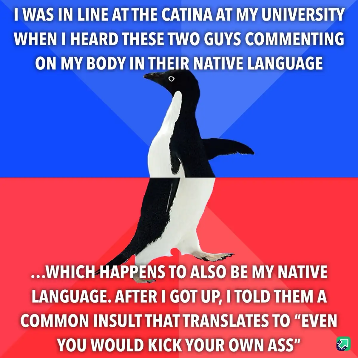 A penguin stands centered against a blue and red background, with white text overlaid in two sections. The top text reads…