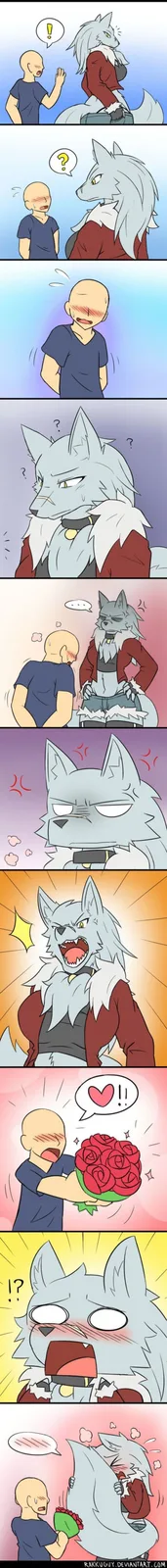 A bald human nervously approaches a grey wolf-like anthropomorphic character, who initially looks confused and annoyed. The…