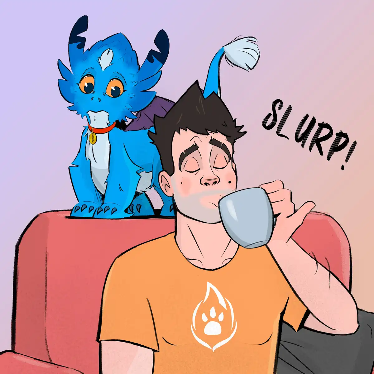A cartoon man in an orange t-shirt sits on a red couch, blissfully drinking from a grey mug with his eyes closed, while a…