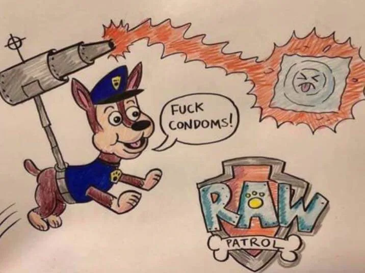 A hand-drawn cartoon of Chase from Paw Patrol, wearing his police uniform and running while firing a large cannon. The…