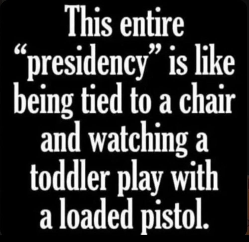 A black background with large white text that reads: 'This entire "presidency" is like being tied to a chair and watching a…