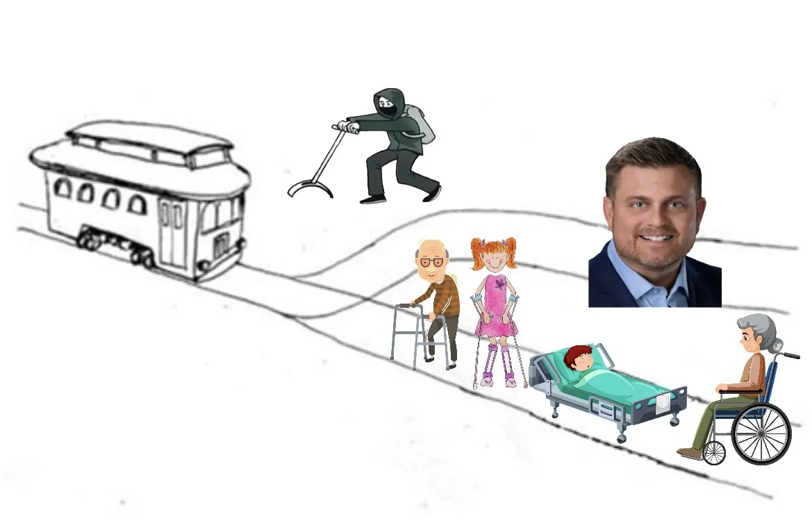 A cartoon depicts a trolley track with a trolley on the left, a masked figure with a shovel in the middle, and several…